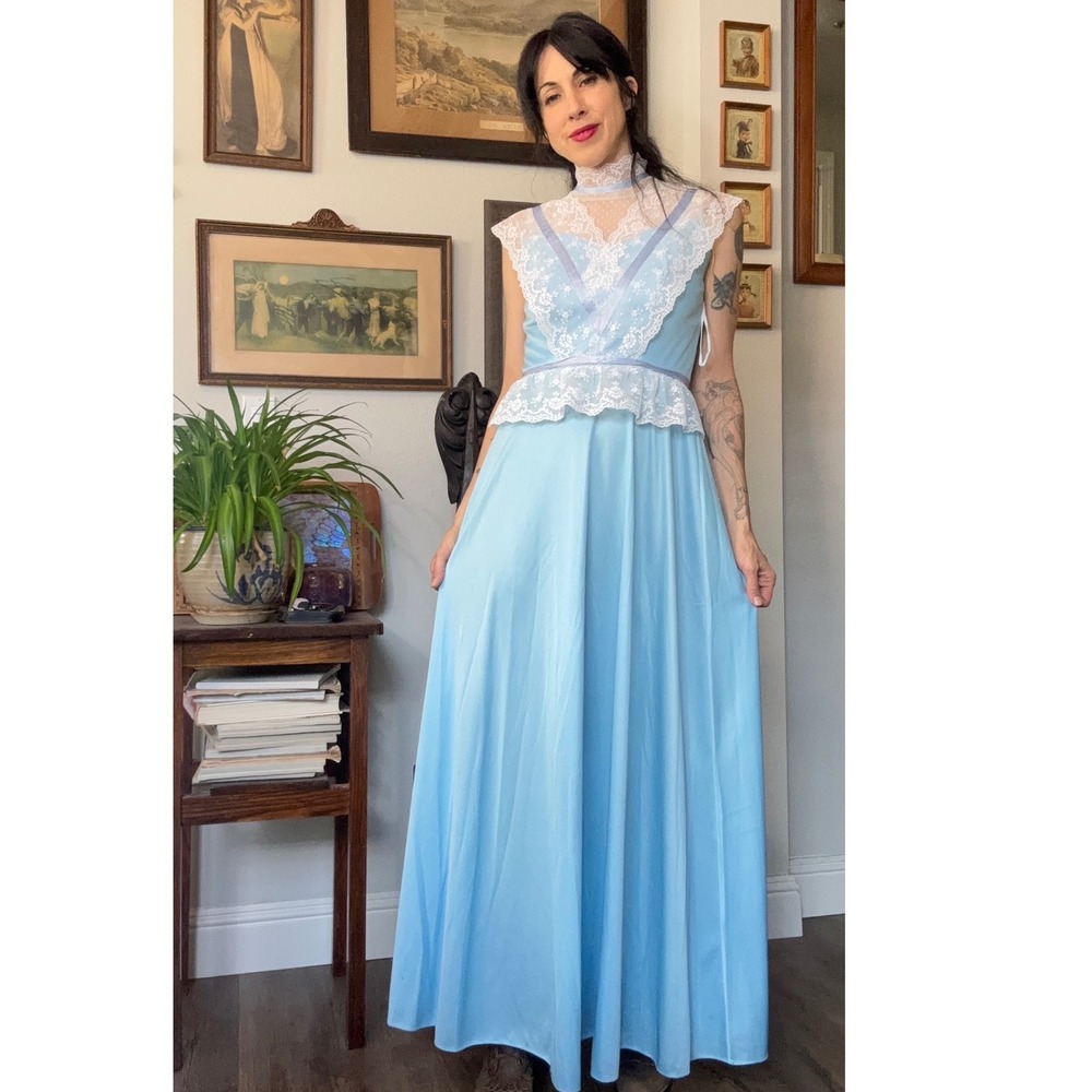Vintage 70s JC Penney Powder Blue Lace Peplum Maxi Dress High Neck Prairie Gown